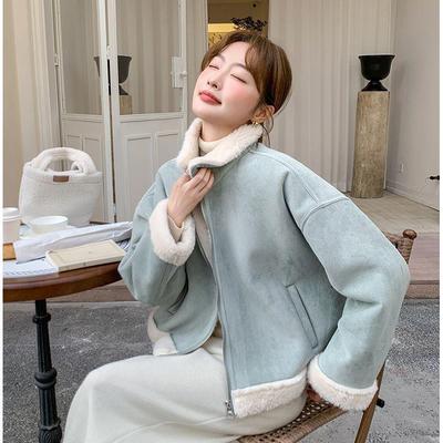 Women's Winter Korean Style Lambswool Suede Jacket with Fur Lapel and Zipper