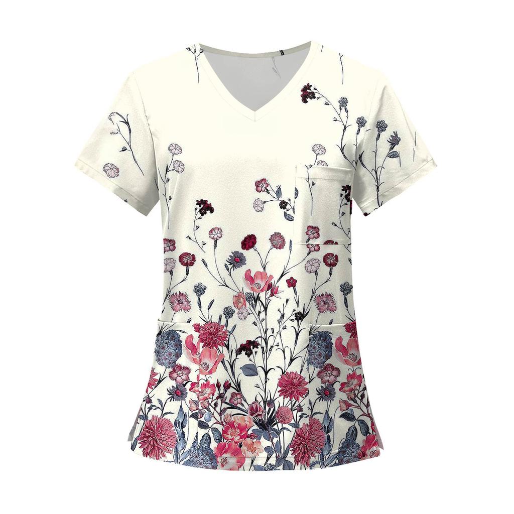 Kvinners mote trykt kortermet V-hals mønster Topper Pocket Working T-skjorter