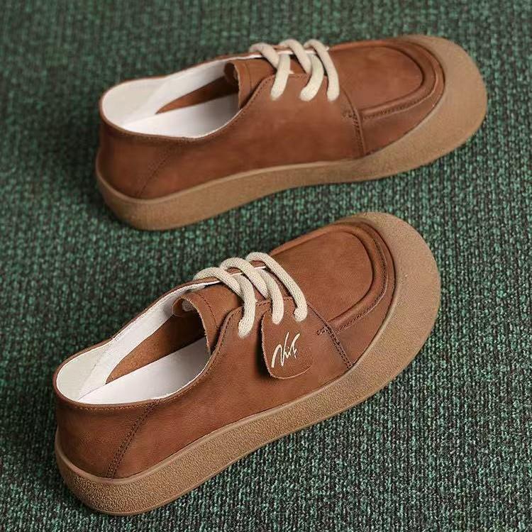 The First Layer of Cowhide Autumn Handmade Casual Shoes Retro Round Head Lace-up Soft Leather Soft Sole Flat Heel Single Shoes Women's Shoes