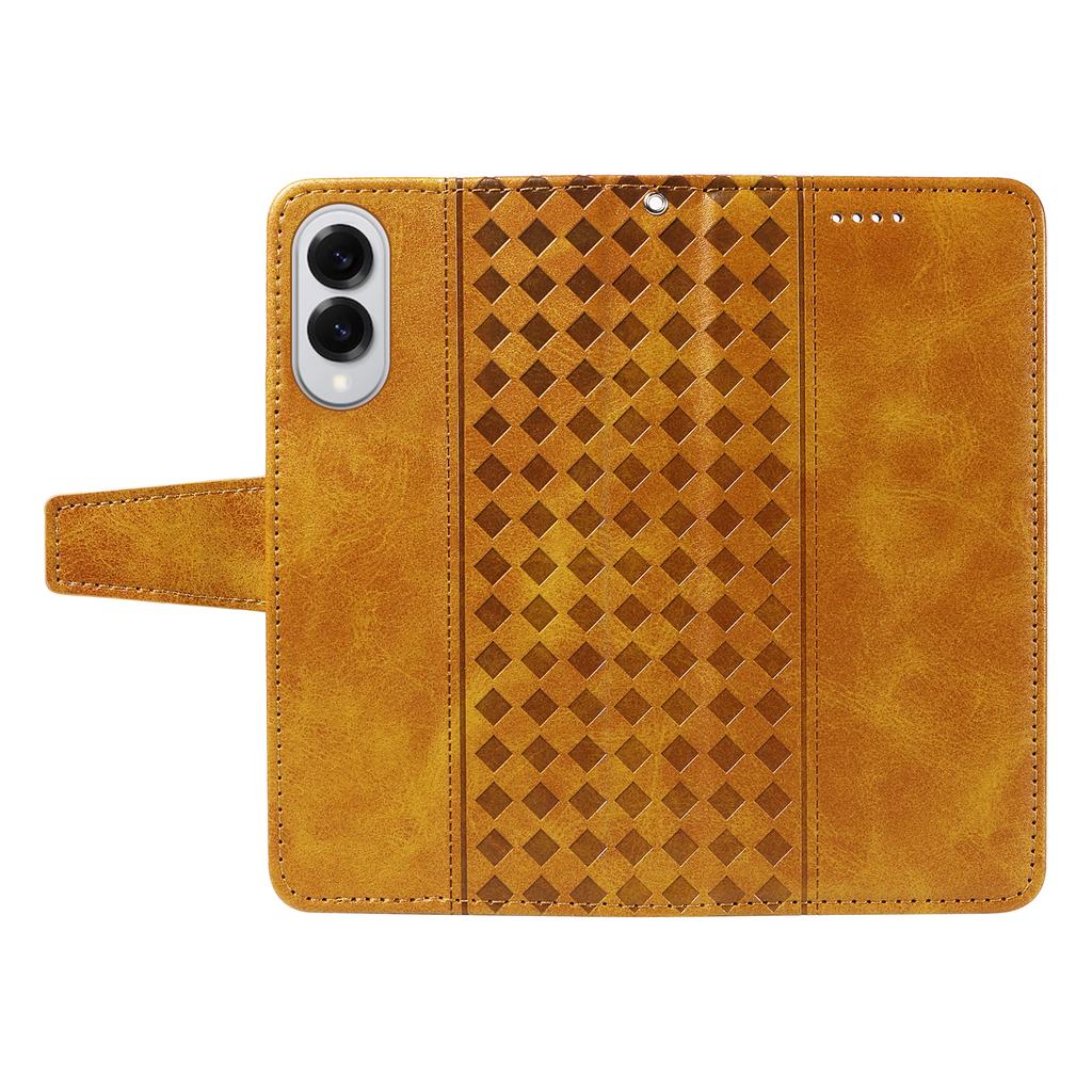 For Samsung Galaxy S25 Edge Leather Case Wallet Stand Grids Imprinted Phone Cover with Strap