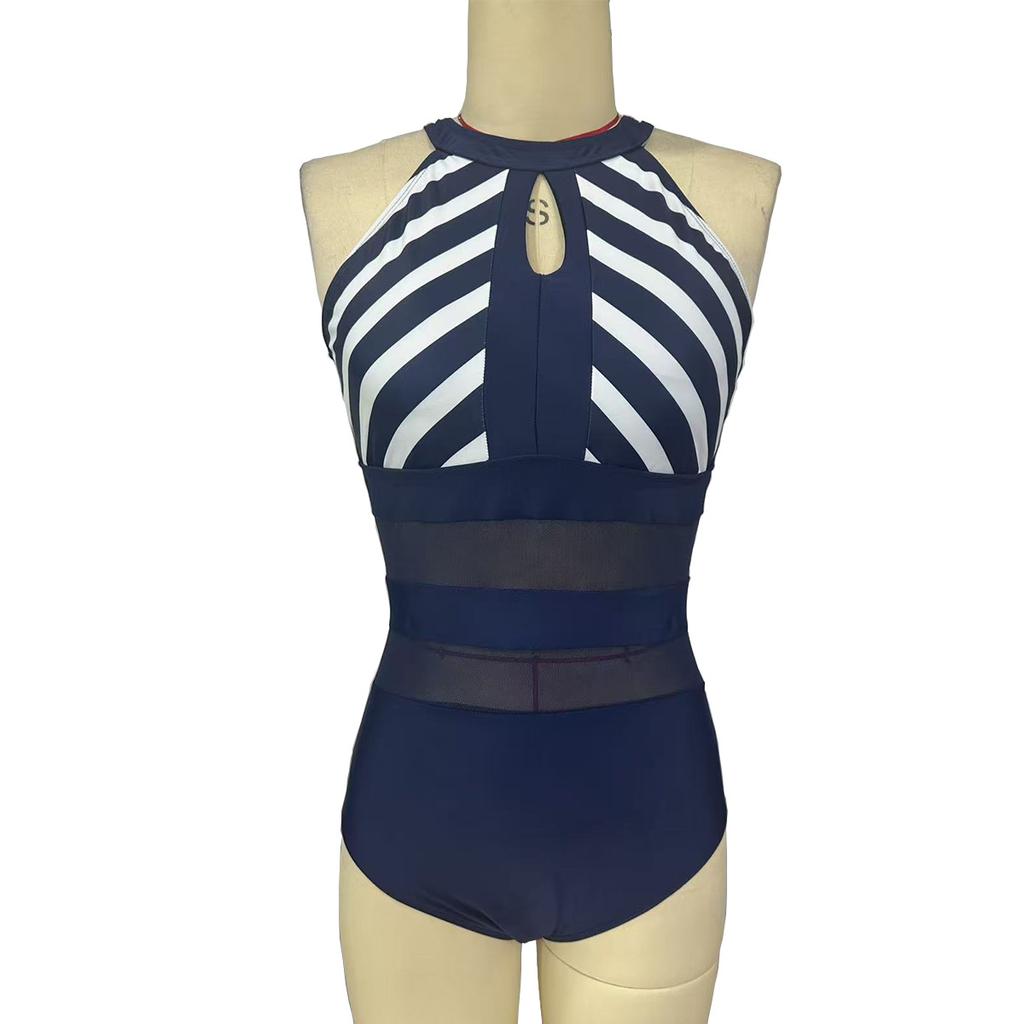 Spring and Summer European and American Fashion Sexy Striped Printed Mesh One-piece Swimsuit Women's Bikini Swimsuit