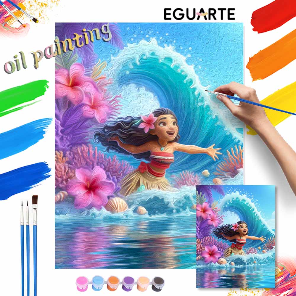 Disney Moana Ocean Wave Flower Oil Paint by Numbers Art Kit Handmade Painting Home Decor Gift