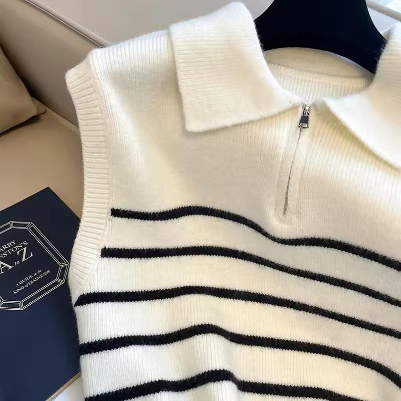 Retro Klopa Zip Pruhovaný Pletený Svetr Vesta Dámský Podzim Zima Korejská Móda Bez Rukávů Svetry Ležérní Jednoduchý Pulovr Vesta