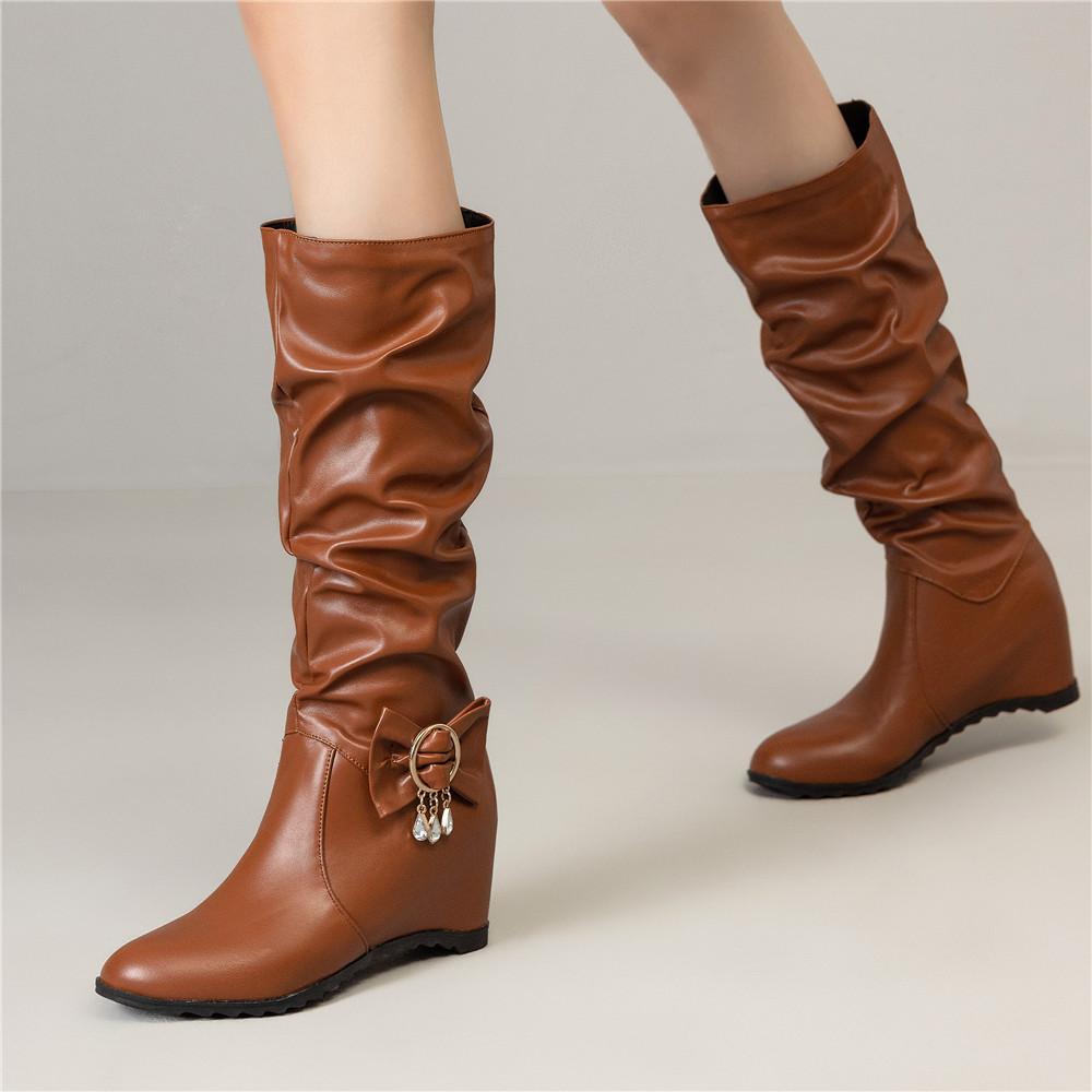 Wedge Platform Women High Boots Knee High Boots Girls Slip On Fashion Height Heel Wedge Boot Bow Buckle Casual Shoes Woman
