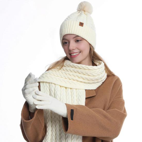 Winter Hat Scarf Gloves Set for Women Fleece Lined Pom Pom Skull Cap Long Scarf And Gloves Set Warm Knit 3 Pcs Set for Cold Weather