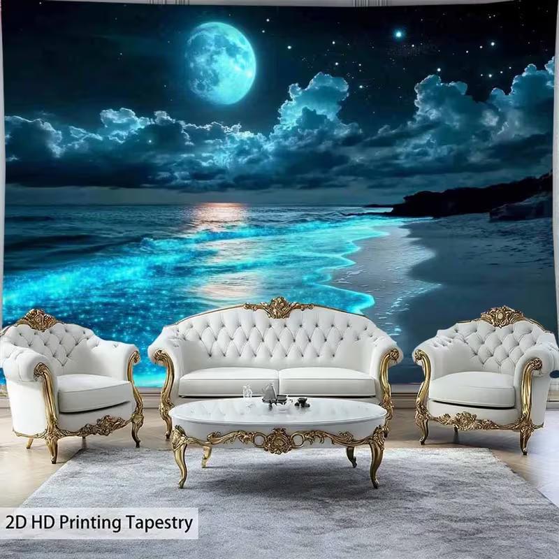 2D Magical Moonlit Beach Tapestry, Blue Glow Ocean Scenery Background