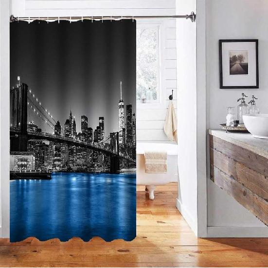 Namdeva Cityscape Shower Curtain, NYC Night View Blue East River Brooklyn Bridge Black and White Skyscraper Skyline Famous Building Modern Bathroom