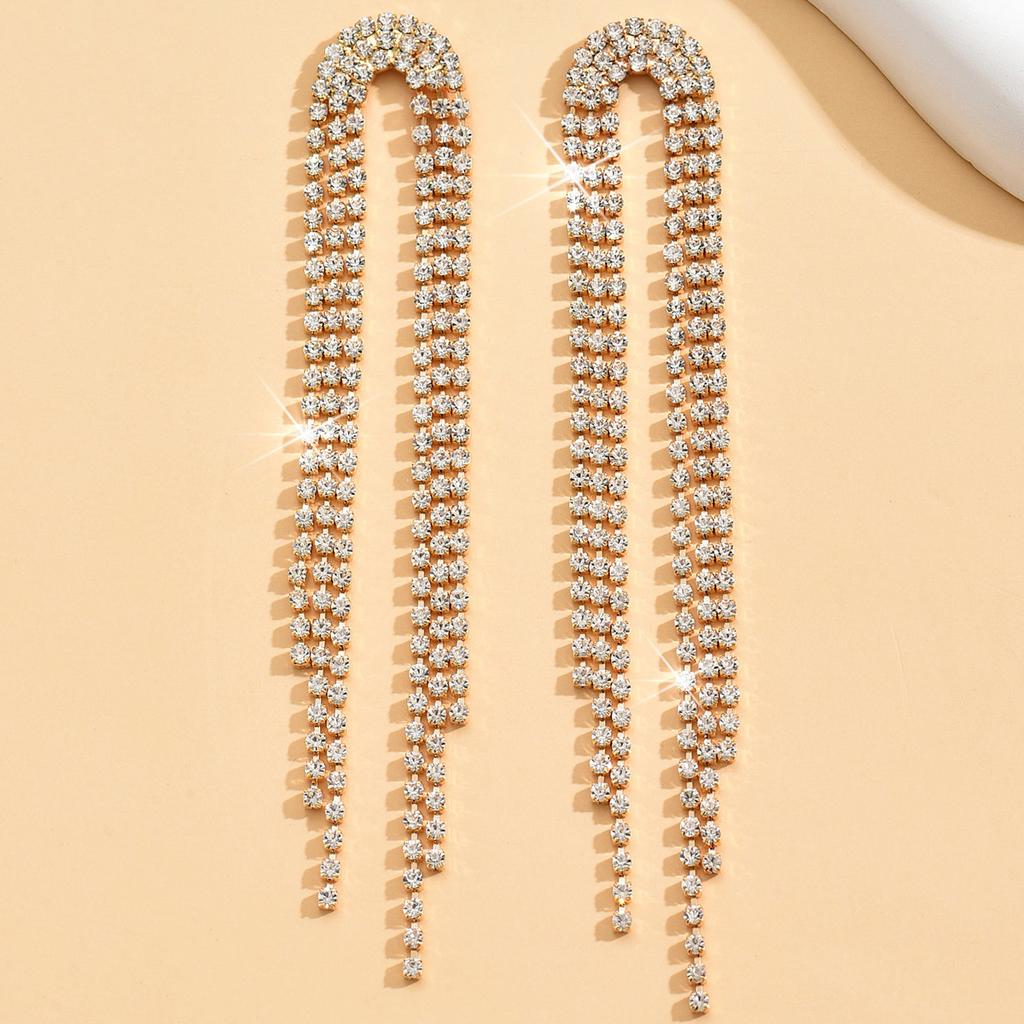 European and American Diamond-encrusted Metal Long Fringed Earrings Women's High-end Studs, Niche Temperament Earrings