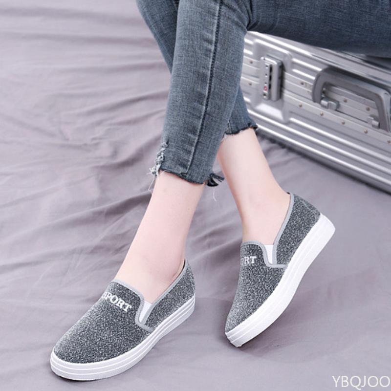 Fashion Women's Sports Canvas Shoes New Casual Flat Bottomed Shallow Mouth Sequin Platform Sports One Foot Kick Zapatos Mujer Sneakers