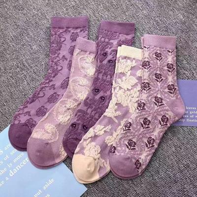 Mode Paars Bloemenborduursel Dames Katoenen Sokken Koreaans Harajuku Retro Vintage Streetwear Japans Kawaii Meisjes Schattig