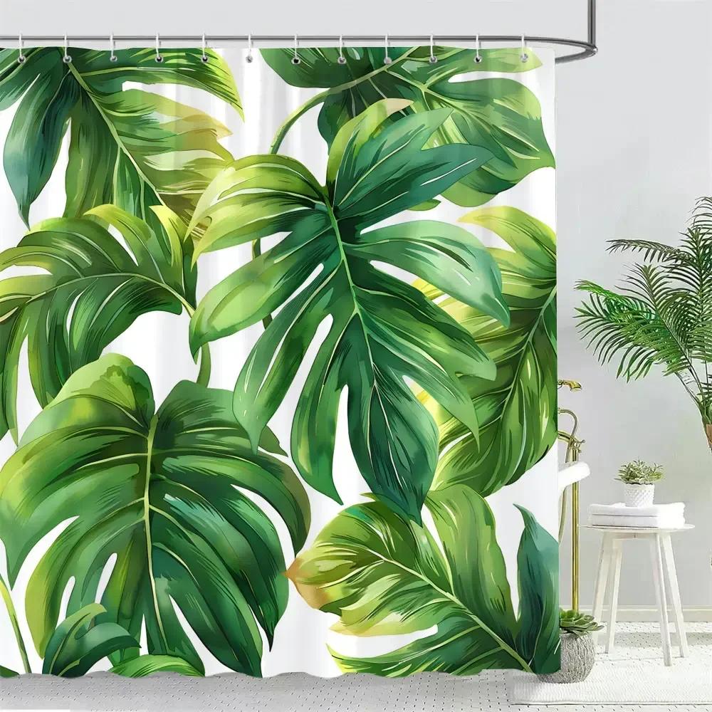 Beautiful Tropical Plant Leaves Shower Curtain Watercolour Palm Tree Leaves Printed Polyester Fabric Bath Curtain Bathroom Decor