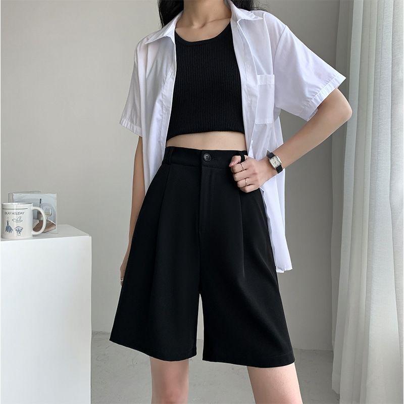 Women's High-Waist Black Bermuda Shorts: Summer, Loose, Straight-Leg, Slimming A-Line, Hong Kong Style.
