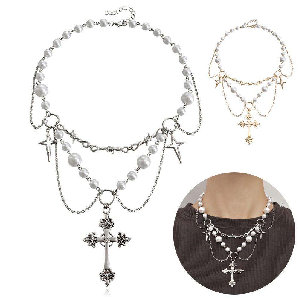 

Handmade Cross Rosary Necklace Y2K Style Pearl Beaded Choker Women s Fashion Jewelry золотий