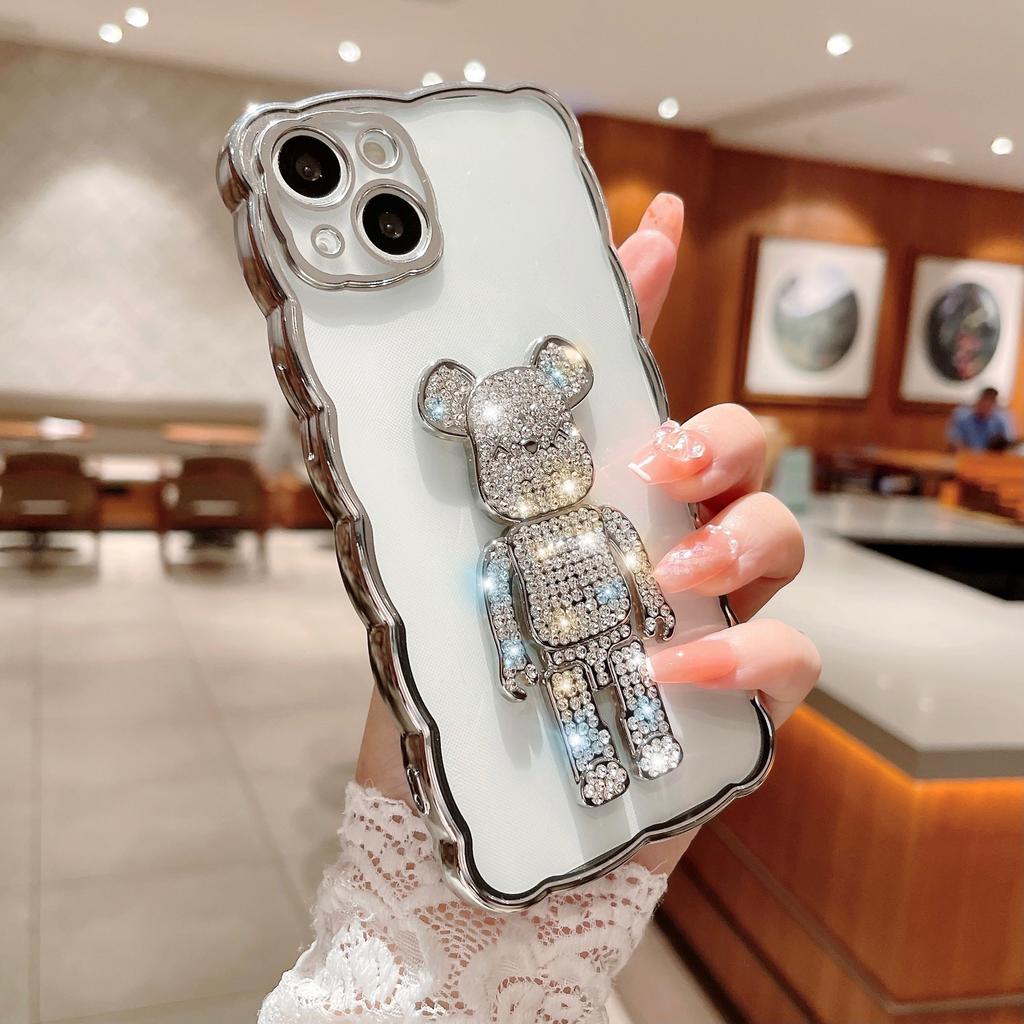 Aplicable a la funda para teléfono móvil IPhone16Pro Borde ondulado Electrochapado Apple 15 Oso violento con diamantes 14 Funda de protección de cobertura total