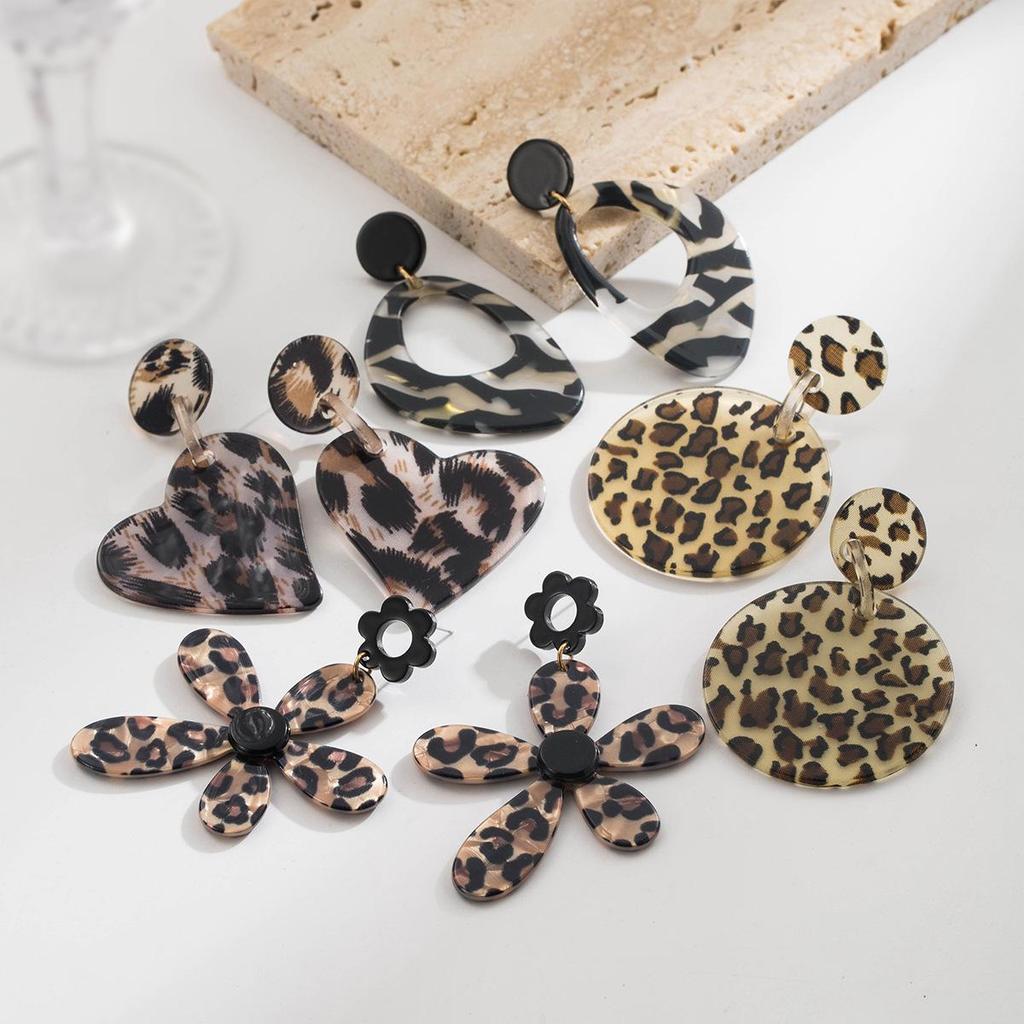Retro Geometric Leopard Print Pendant Earrings - Brown Heart Flower Fashion Accessories