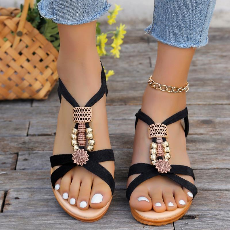 Bohemian flat casual open-toed sandals women's summer new beaded wedge sandals beach shoes
