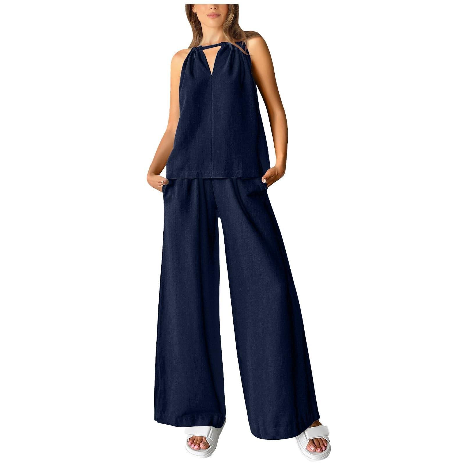 

Женские повседневные летние комплекты из двух предметов, комплекты из хлопка и льна, топ без рукавов с вырезами, широкие брюки, одинаковый комплект XXL тёмно-синий