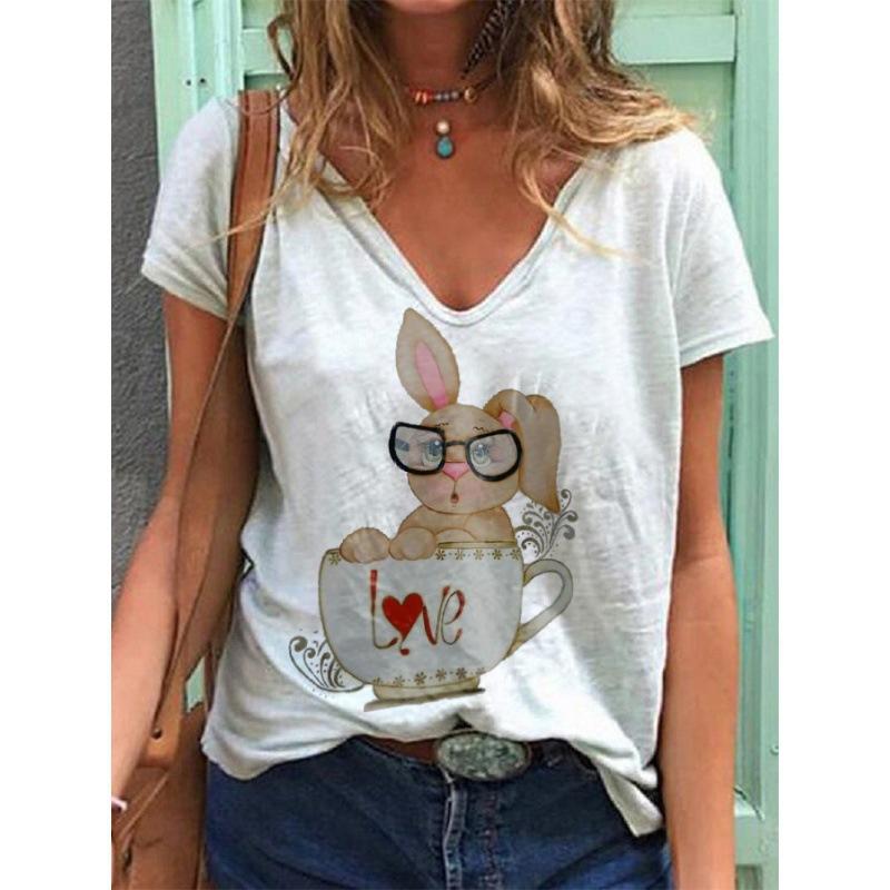 Summer New Casual Daily Versatile Pattern Rabbit 3D Printed Short Sleeved V-neck T-shirt