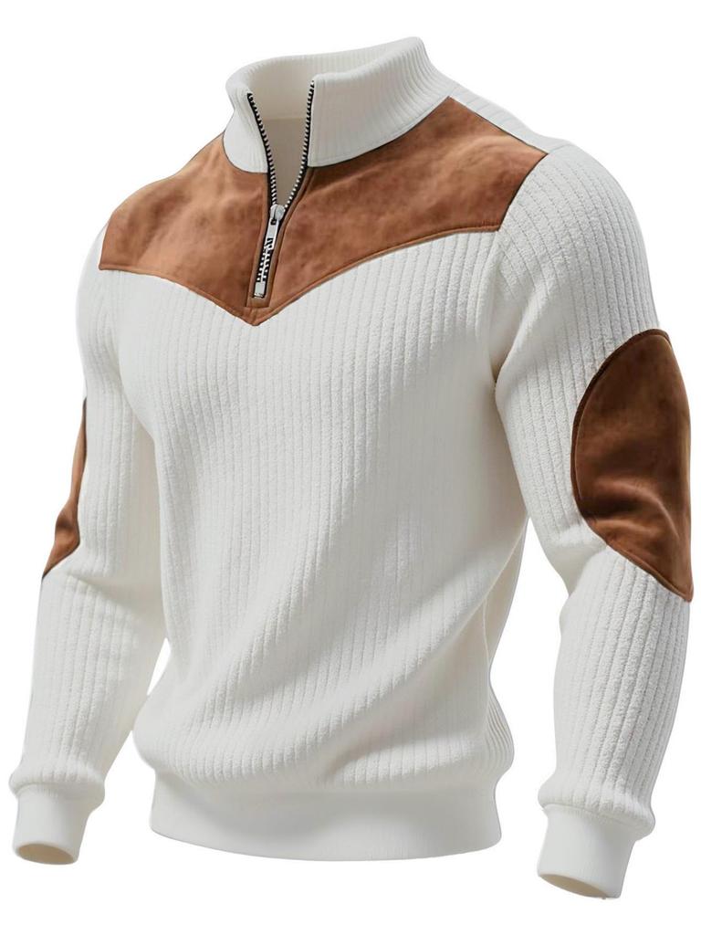 Men's Retro Stand-Up Collar Ribbed Pullover - Half-Zip, Warm Patchwork for Autumn/Winter Christmas Gift