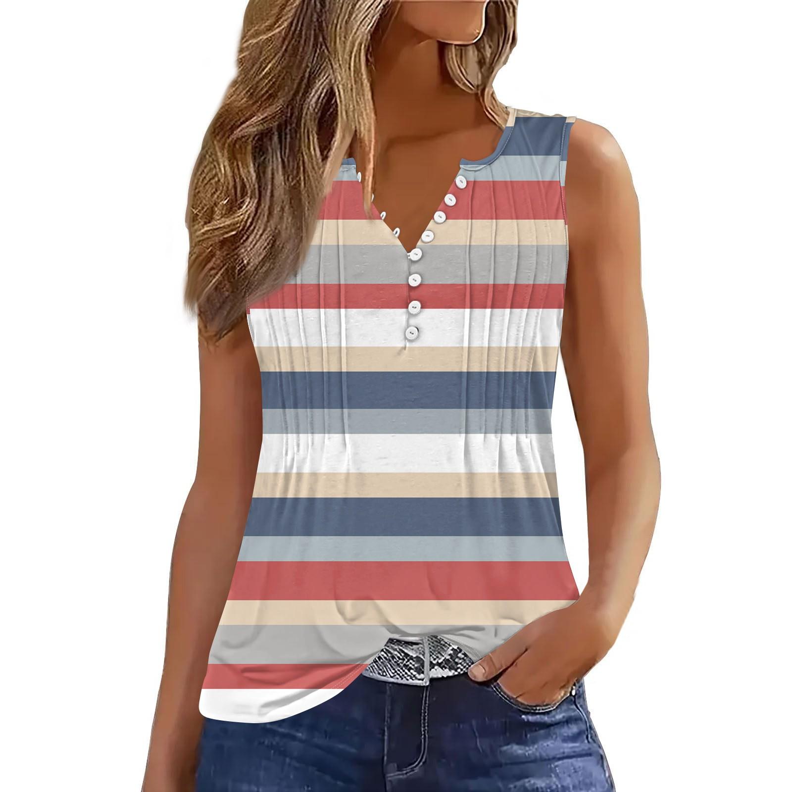 

Women s Striped Casual Baggy Pleated Shirt V Collar Button-down T-shirt Shirt Sleeveless Vest Top L світло-синій колір