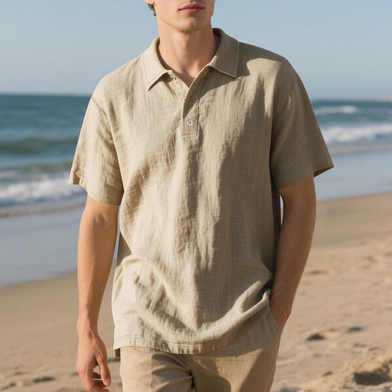Mens Short Sleeve Linen Loose Casual Collar Polo T Shirt