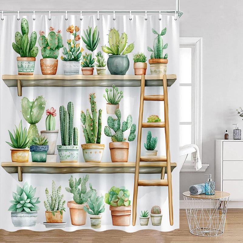 Plant Shower Curtain Cats Green Potted Plants Leaves Cat on the Toilet Modern Bathroom Decor Polyester Fabric Bathtub Curtain