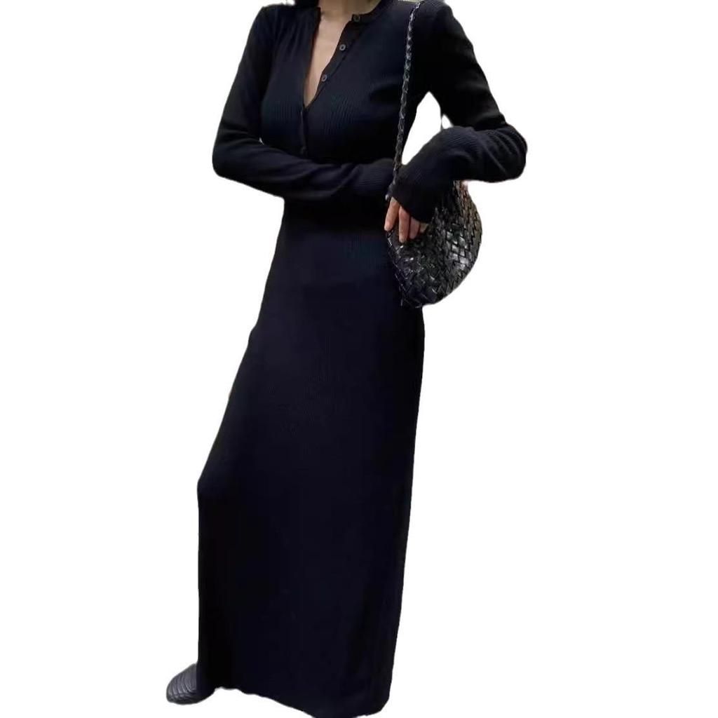 Rochie Tricotată Galbenă Stil Coreean Slim-Fit cu Mâneci Lungi - Rochie Lungă Casual de Toamnă pentru Femei, Cambrată în Talie, Muldând Șoldurile