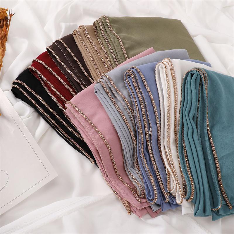 Metal Bronze Jewelry Chain Bubble Chiffon Hijab Shawls High Quality Bling Bling Wrap Beach Bufandas Ramadan Islamic Muslim Sjaal