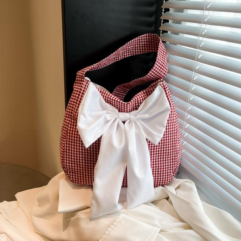 Bow Bag Women's New Fashion Plaid Bag Shoulder Bag Large Capacity Commuter Messenger Bag