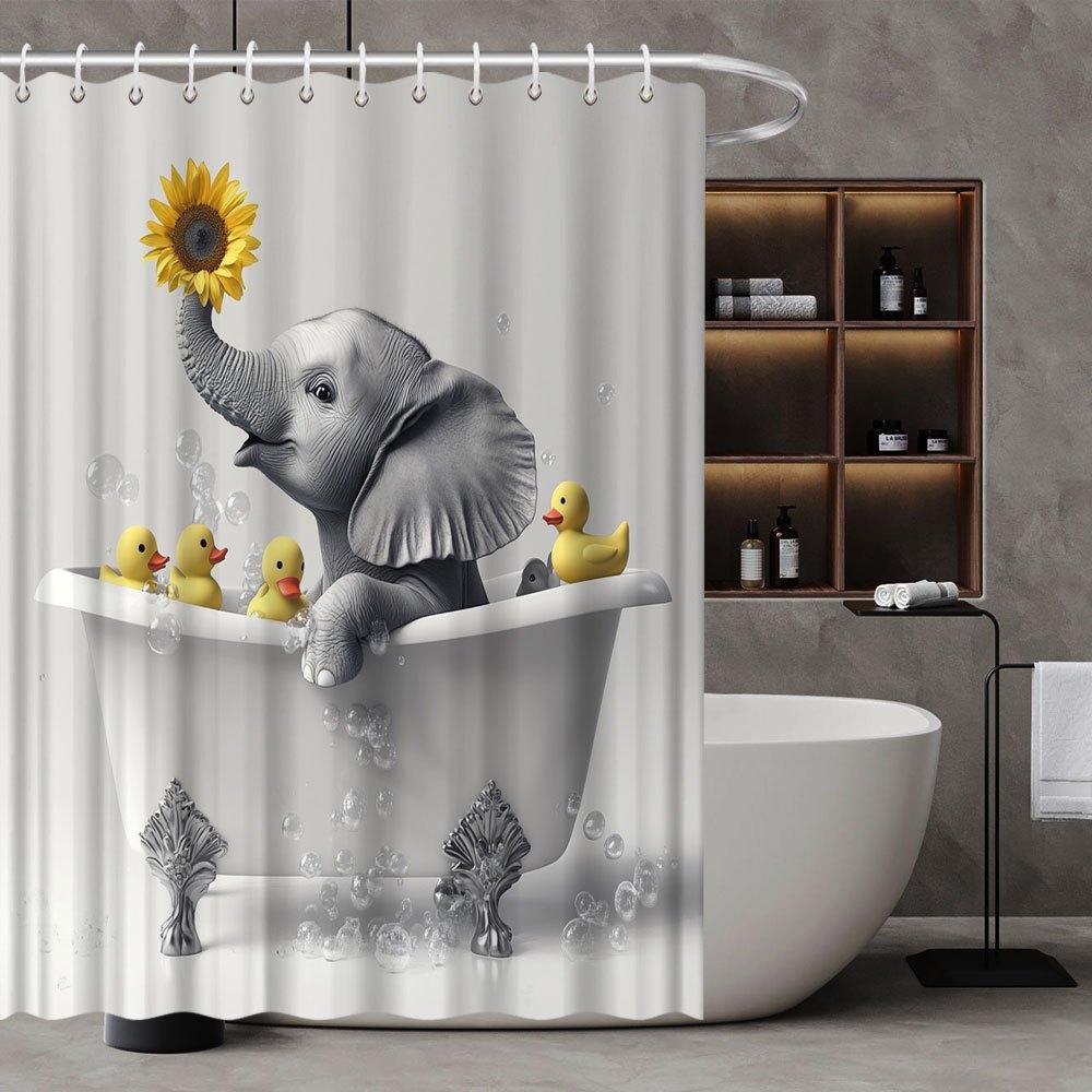 Elephant Sunflower Shower Curtain - Baby Elephant in Clawfoot Tub with Ducks & Sunflowers, Playful Design, Machine Washable