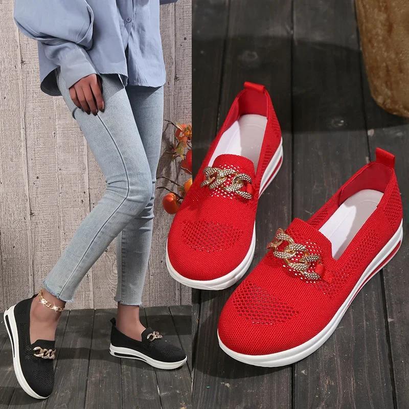 Fashion Spring and Autumn paragraph Breathable Knit for Women PlusLight weight Soft Sole Flats Shoes Woman  Anti-Slip Casual Shoes