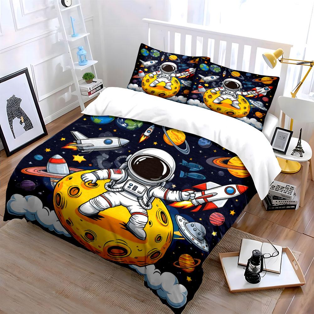 Astronaut Explores Galactic Planets Bedding Set for Kids Luxury Gift 3pcs Digital Print Comforter Set Soft Comfortable