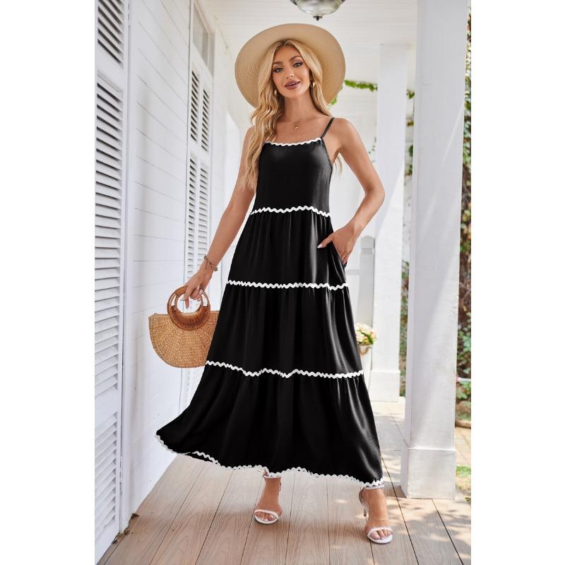 Women's Suspender Backless Lace Layered A-line Pocket Side Zipper Dress