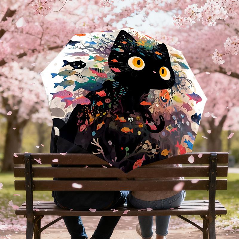 1PC cat fishAutomatic Open/Close Umbrella with Windproof, 8-Rib Sturdy Canopy, Durable Ribs, Fashionable Design, Outdoor Accessory, Fun Prin, Holiday