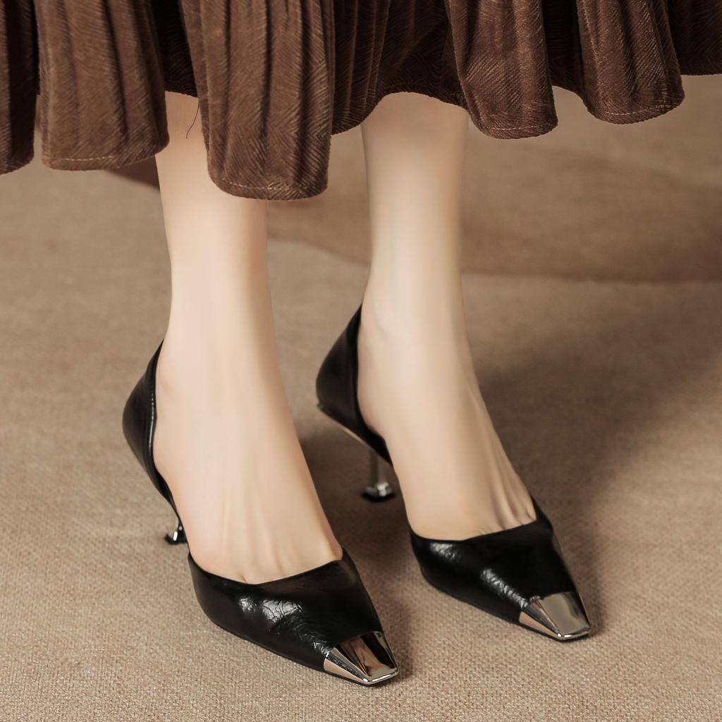 H596-2 Silver Bag Head Sandals Small Square Head Iron Head Hollow Summer Sandals Women's Fine Heel Sheepskin Pad Commuter Wind