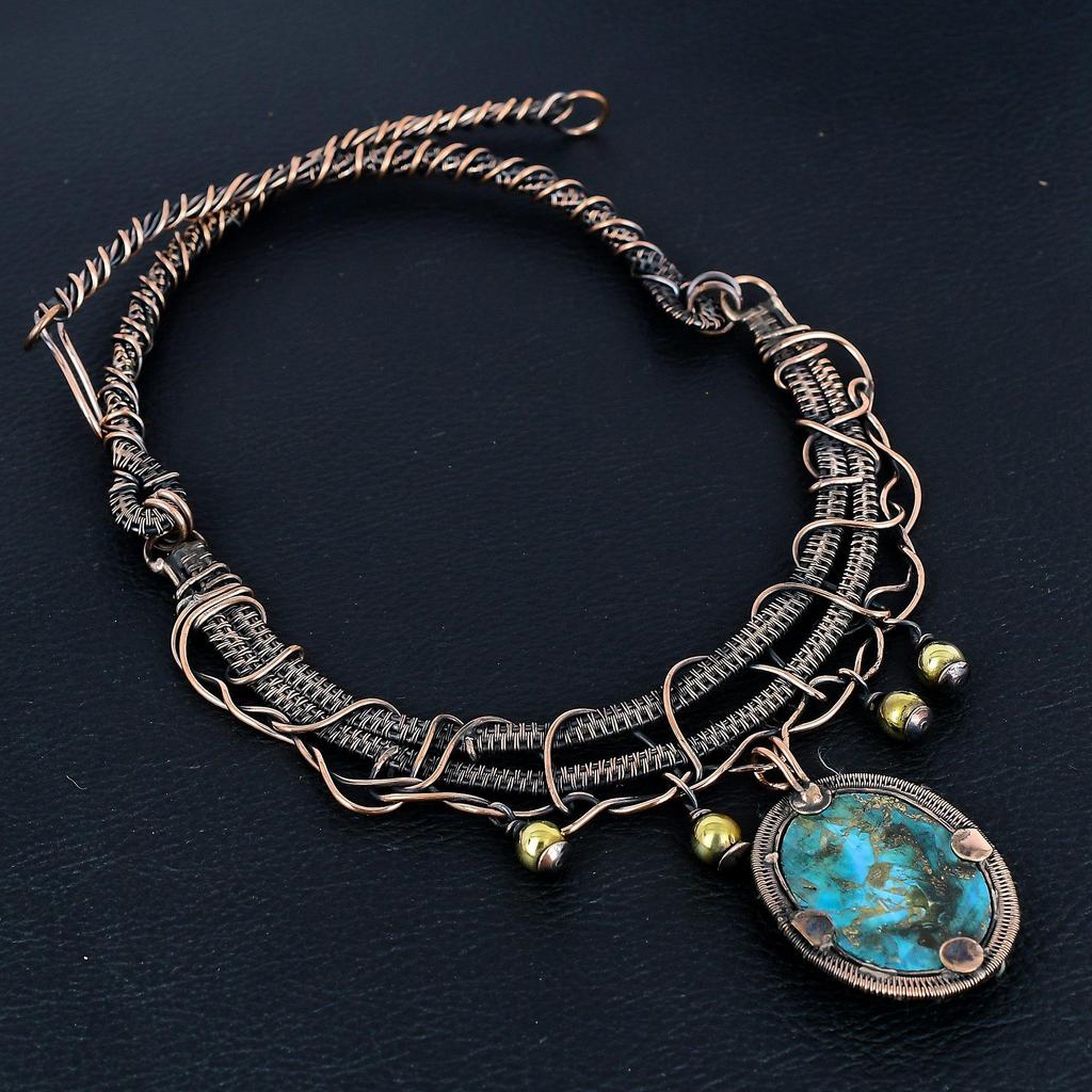 Copper Turquoise Necklace Gemstone Jewelry, 999 Copper Wire Wrapped Necklace, Adjustable Handmade Chain Necklace Gift For Wife Jewelry