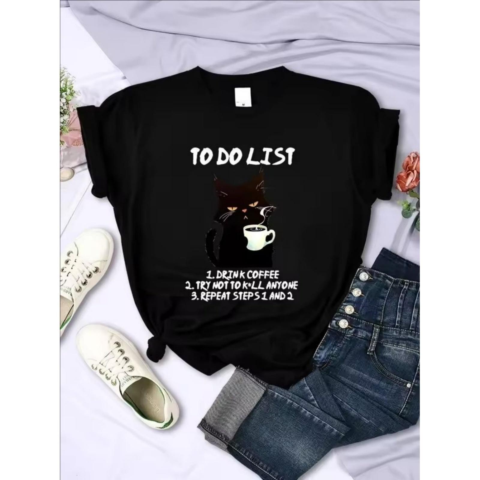 

Black Cat To Do List Graphic T Shirts Funny Cat Coffee Tshirts Tops Oversize T-shirt Fashion Harajuku T-shirts Men Brand T-shirt XXXXXL чорний
