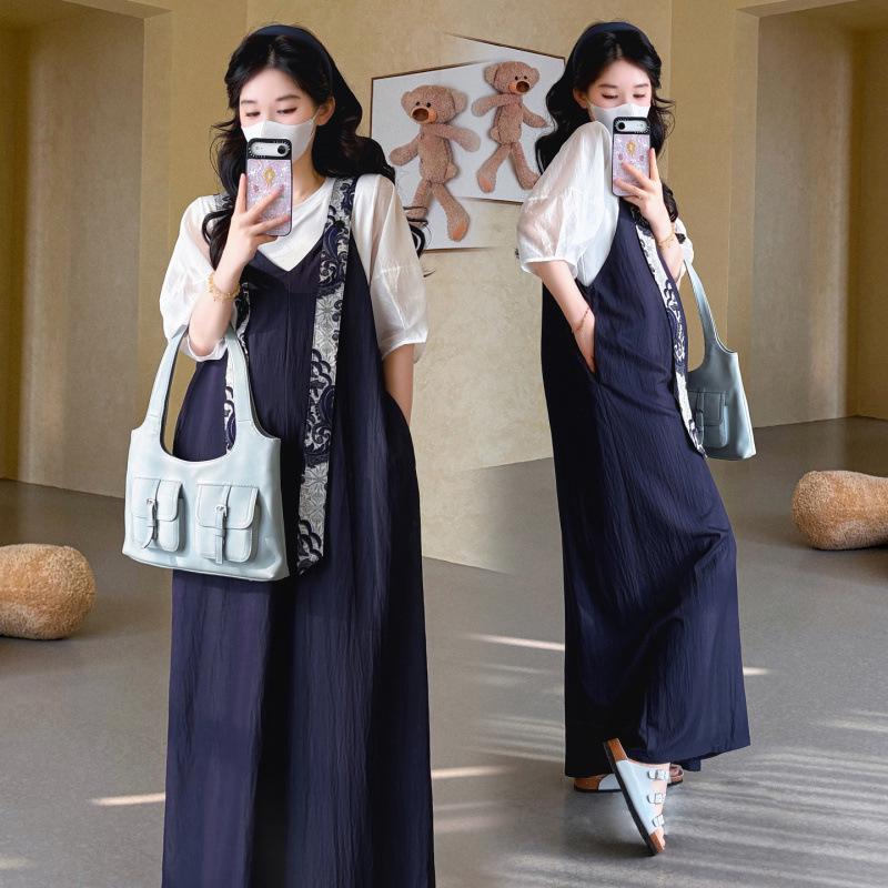 2026 Summer Maternity Set: Casual Retro Color Block Wide-Leg Jumpsuit M