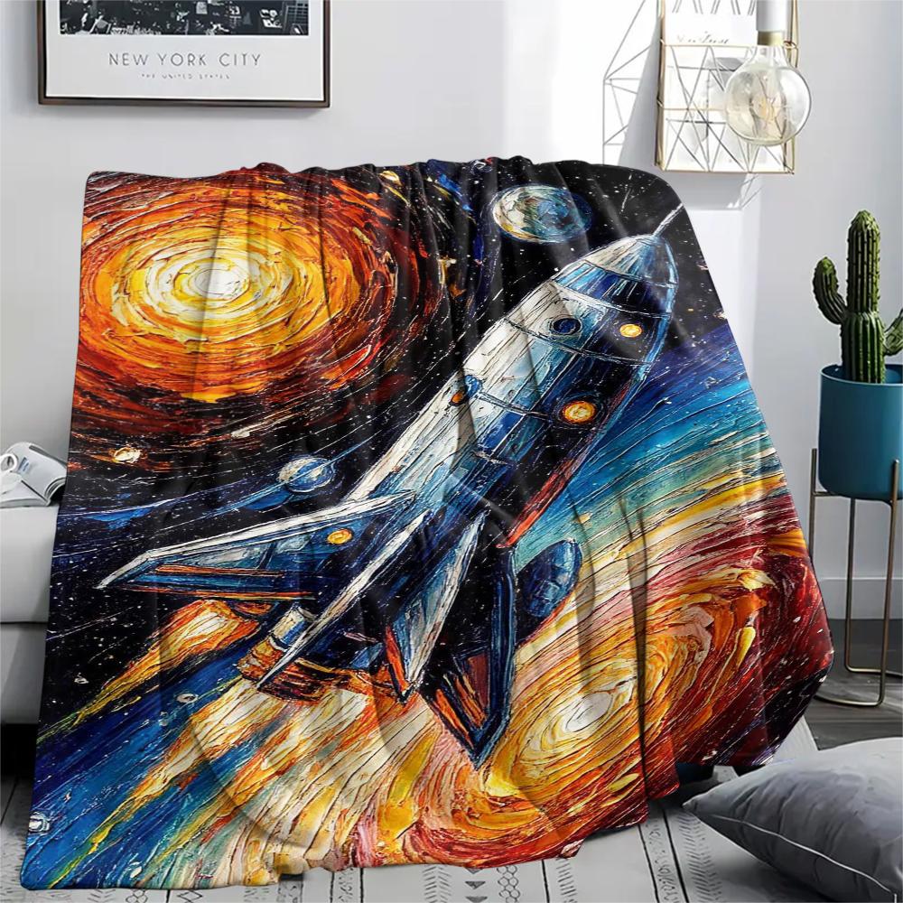 1Pc Space Rocket Print Flannel Blanket, High quality Comfortable for All Seasons, Home Decor, Warmth and Comfort, Perfect for Christmas Gifts