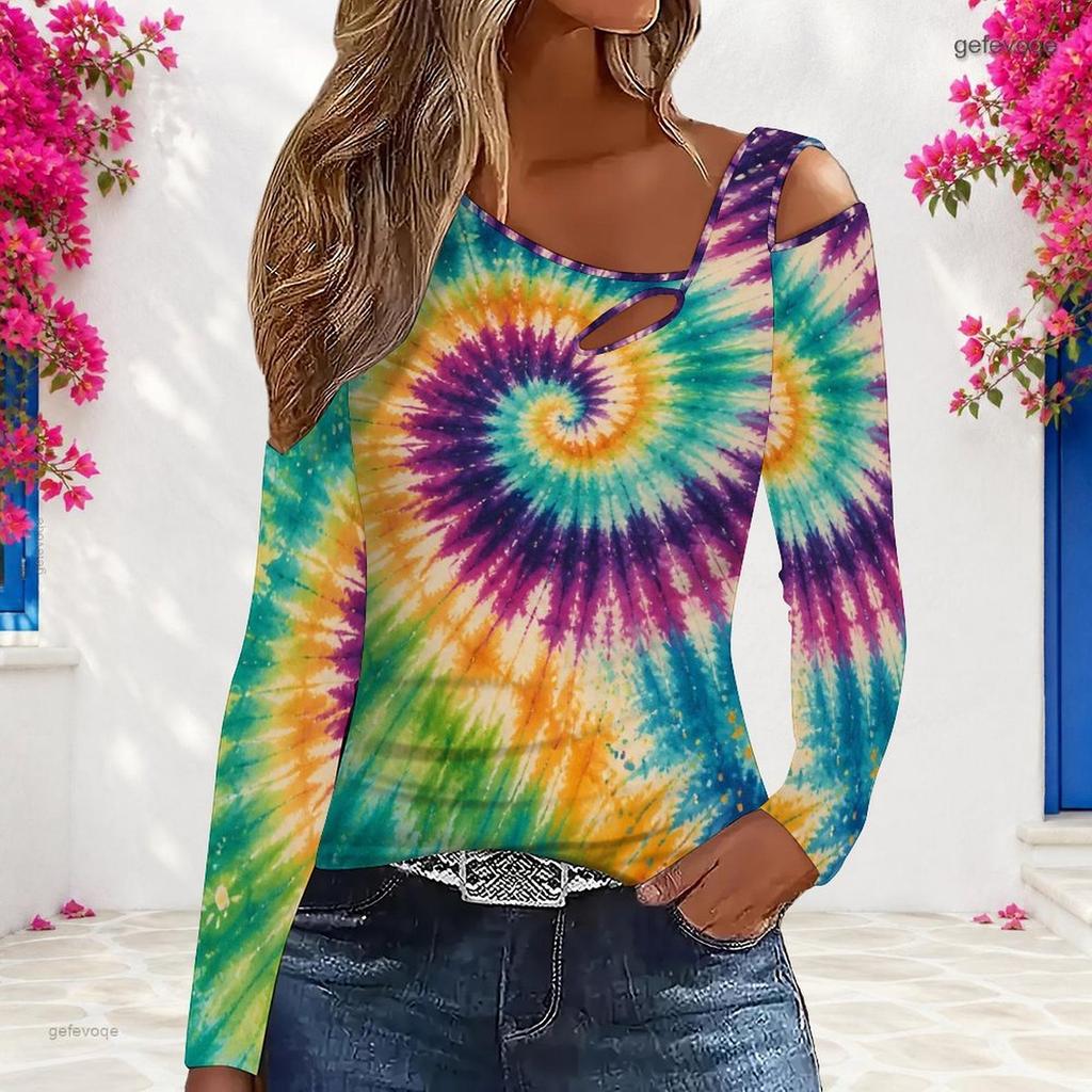 Women Plus Size Asymmetric Cutout Neck Cold Shoulder Long Sleeve Multicolor Printed Fitted Top