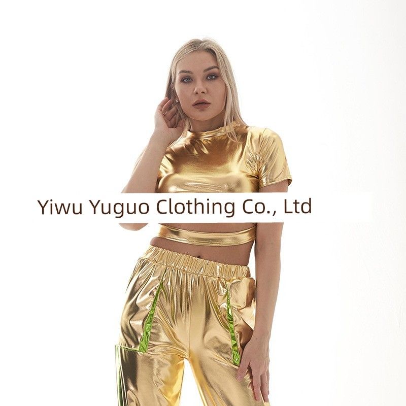 

Лазерная Однотонная Яркая Кожа Патентная Кожа Сценическая Одежда Мода Маленький Водолазка Одежда для Выступлений Короткий рукав Открытый Живот Облегающий Костюм из Брюк Golden Tops M