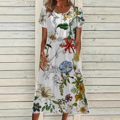 Summer New Plus Size Women Printed Dress Round Neck Vintage Print Floral Loose Dress Women Elegant Fashion Vacation Slim Long Dress with Pockets 26376
