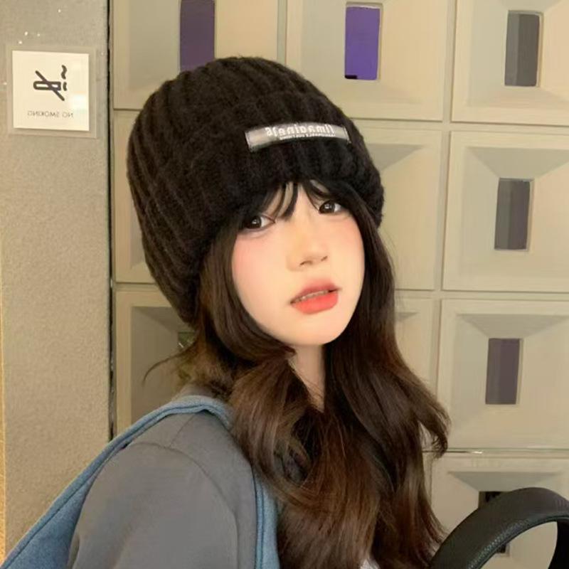 Autumn and Winter Woolen Hats for Women  Letter Cloth Labels  Small Knitted Hats for Couples Versatile Ear Protection, Warm Pullover Cold Hats for Men