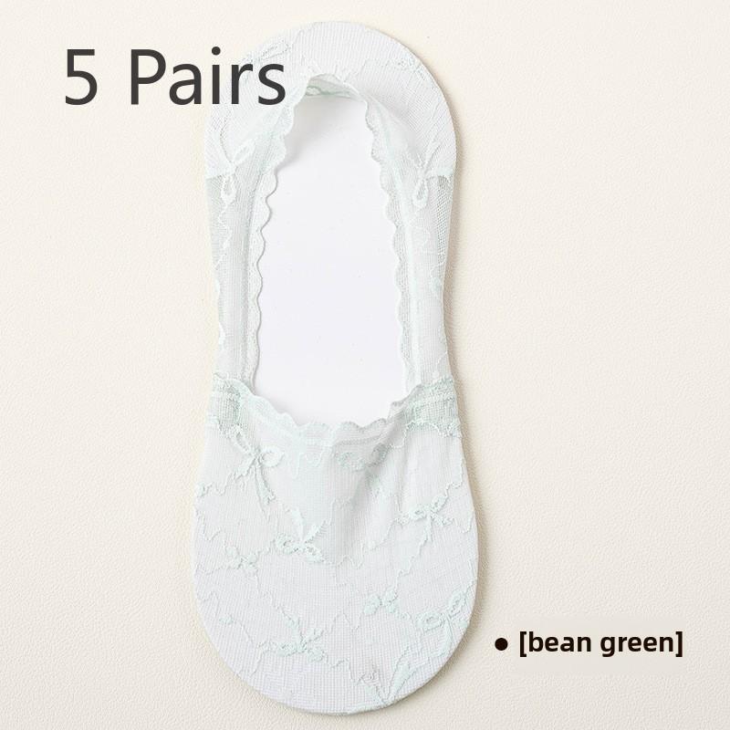 5 Pairs of Women's Summer Thin Lace Bow Invisible Shallow Mouth Wicking Sweat Non Slip Boat Socks