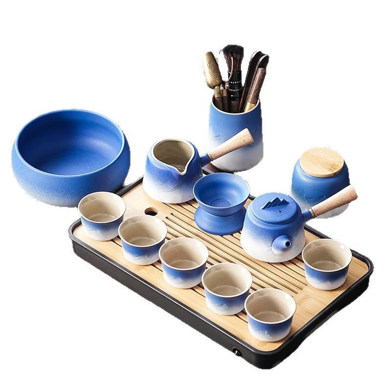 Red-Orange Mountain & Sea Ceramic Tea Set with Tray