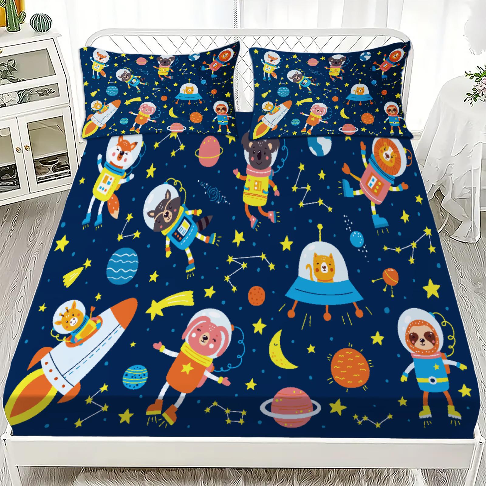

3pcs Playful Fitted Sheet Set For Kids Boys Cartoon Style Space Animals Rockets Planets Stars Printed 100% Polyester Bed Sheet 99x190x25cm