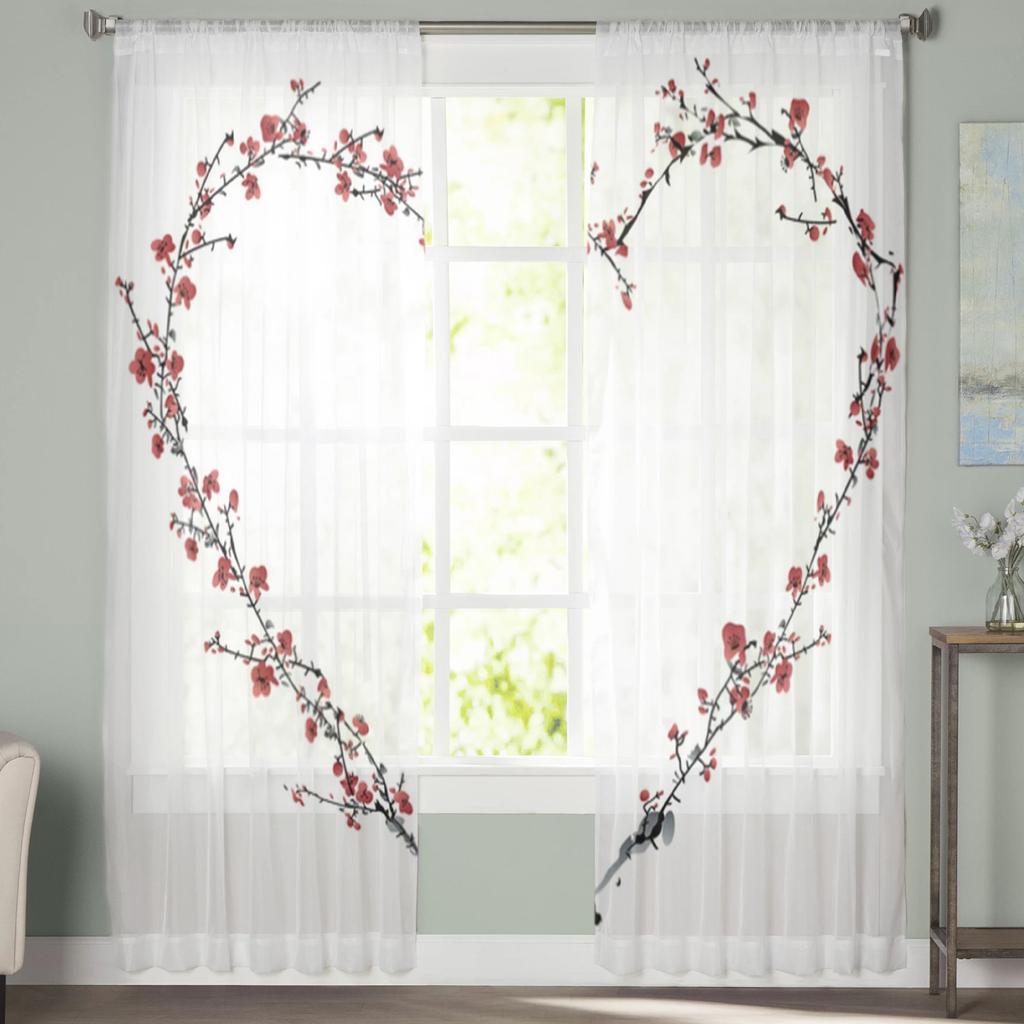 Pflaumenblütenzweig Liebesherz Transparente Vorhänge für Wohnzimmer Schlafzimmer Tüllvorhänge Küchenfensterdekorationen Paneelvorhänge