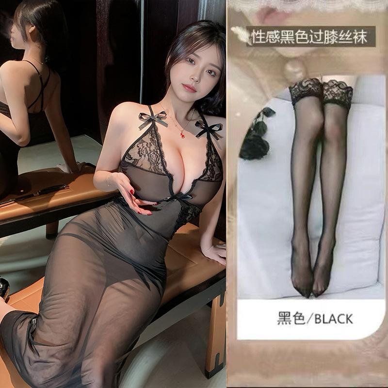 Sexy lingerie sexy perspective long dress female deep v suspender flirting seduction bed dating pure lust passion