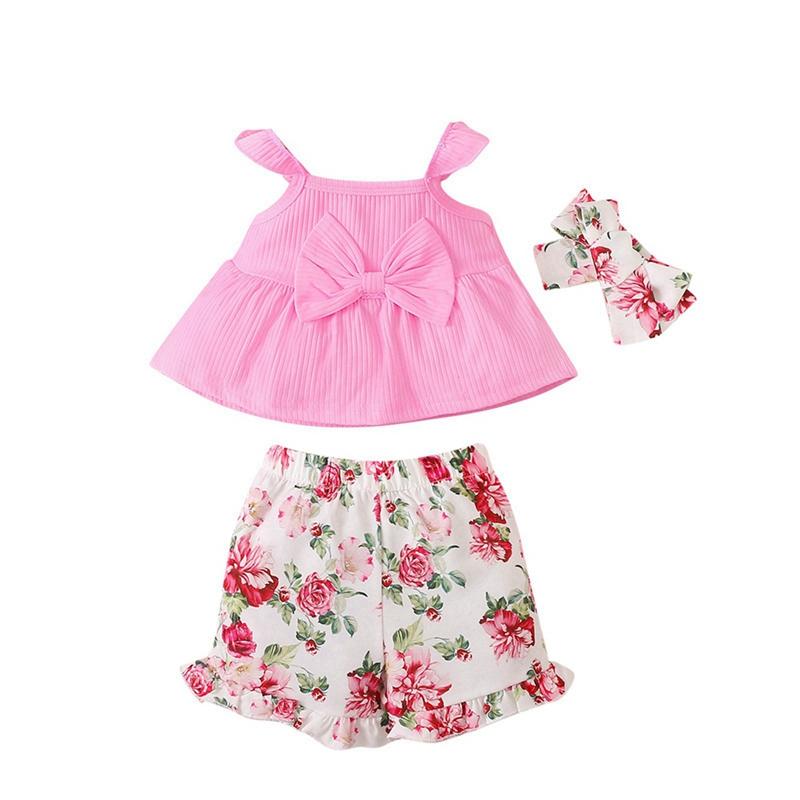 

Летний комплект одежды для девочек, детский однотонный топ без рукавов и шорты с цветочным принтом 6