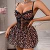 Rochie Sexy din Plasă pentru Femei cu Imprimeu Leopard și Patchwork din Dantelă, Decolteu în V cu Bretele Subțiri, Decupată, Bodycon, Croială Strâmtă